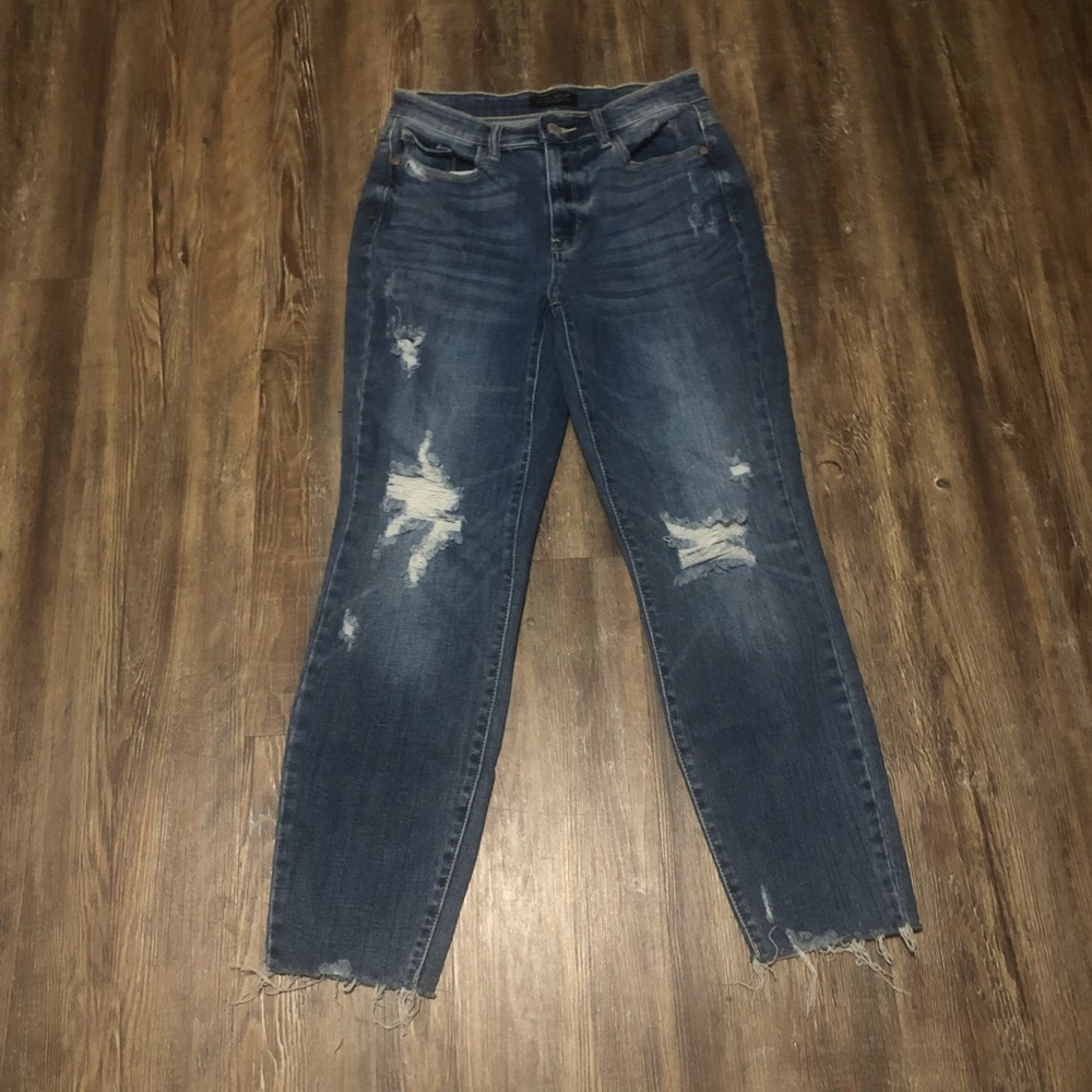 Judy Blue Relaxed Fit Jeans Women's 1/25 Distressed Frayed Hem High Rise Denim